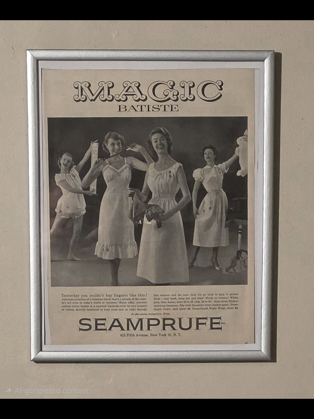 Vintage 1955 SEAMPRUFE "Magic Batiste" Lingerie Framed Ad | 14"×17" | Wall Decor